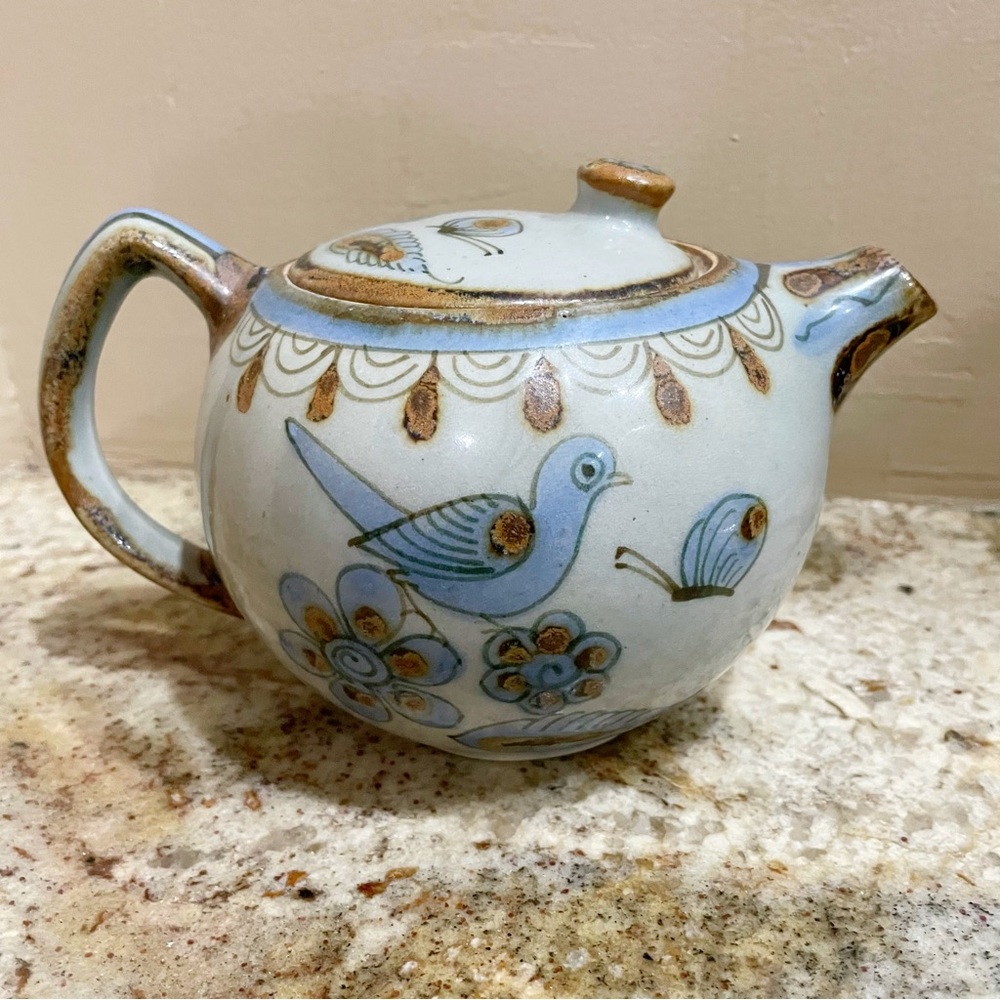 Vintage Tonala Teapot Ken Edwards El Palomar Bird and Leaves Mexican Folk Art